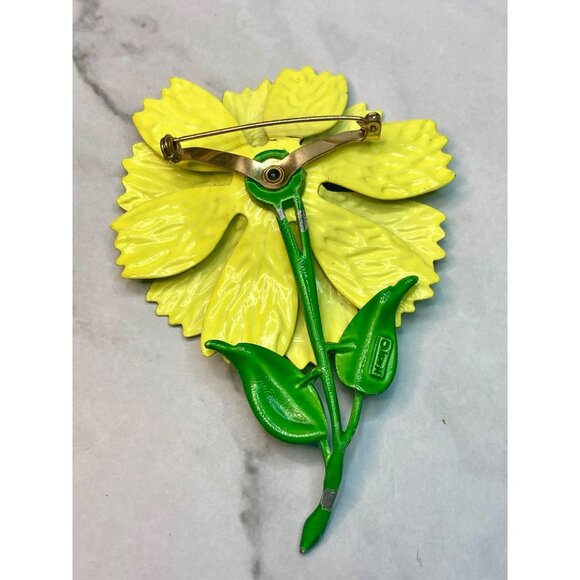 Hedy Vintage Yellow & Green Enamel Flower 1960’s Brooch Pin -278 - Picture 3 of 6
